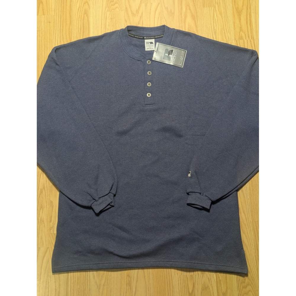 Russell Athletic Vintage Mens NWT Tweed Fleece Henley Pullover Sweatshirt Blue L